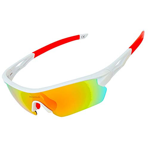 JOGVELO Polarized Sports Sunglasses,Cycling Glasses Men UV400 with 5 Interchangeable Lenes, Red and White