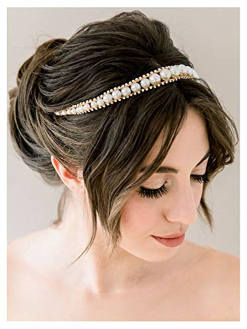 SWEETV Wedding Hair Accessories for Brides Handmade Pearl Bridal Tiara Headband Rhinestone Wedding Headpieces for Bride Flower Girl, Gold SWEETV Wedding Hair Accessories for Brides Handmade Pearl Bridal Tiara Headband Rhinestone Wedding Headpieces for Bride Flower Girl, Gold