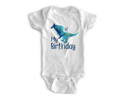 First Birthday Outfit 1st Baby Boy Bodysuit-BLUE Dino Chomp 12M Short