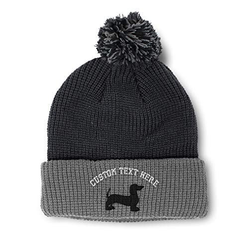 Custom Pom Pom Beanie Dachshund Dog Black Silhouette Embroidery Acrylic Skull Cap Winter Hat for Men  and  Women Black Grey Personalized Text Here