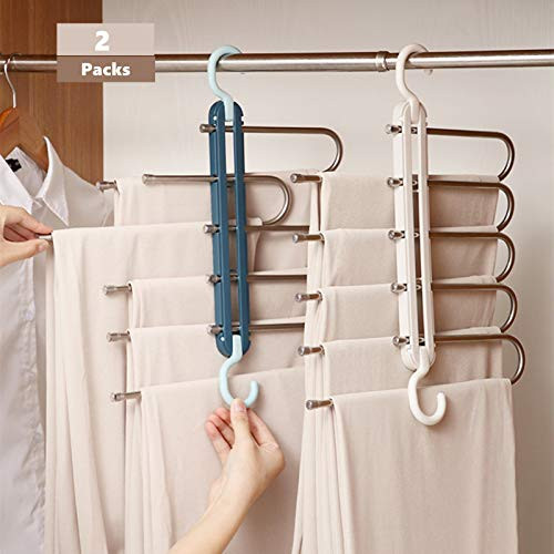 Pants Hangers Multi Functional Pants Rack Multi-Layer Hanging Pants 5-Layered Non-Slip Clothes Closet Organizer Space Saver Folding Storage Magic Rack for Scarf Jeans Trousers Tie