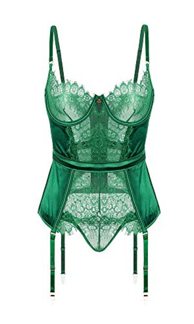 Viorsun Women's Sexy Lingerie Bustier Corset Girdle Eyelash Lace Teddy Bodysuit Lingerie Set with Garter Belt(5X-Large, Green)