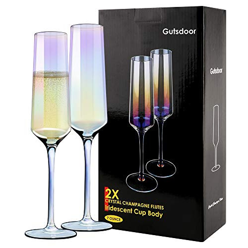 Gutsdoor Crystal Champagne Flutes Glass Set of 2 Iridescent Champagne Glass Flutes Wedding Christmas Valentine Cheers Champagne Flutes