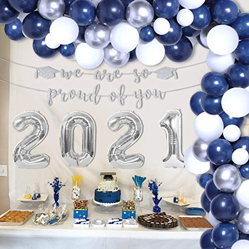 Navy Blue and Silver Graduation Decorations Party Supplies 2021 We are So Proud of You Decorations Banner Balloon Garland Arch Kit Number 2021 Balloon for Class of 2021 Navy Blue and Silver Graduation Decorations Party Supplies 2021 We are So Proud of You Decorations Banner Balloon Garland Arch Kit Number 2021 Balloon for Class of 2021