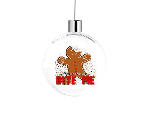 Bleu Reign BRGiftShop Personalized Custom Name Funny Christmas Bite Me Gingerbread Man Flat Round Tree Ornament