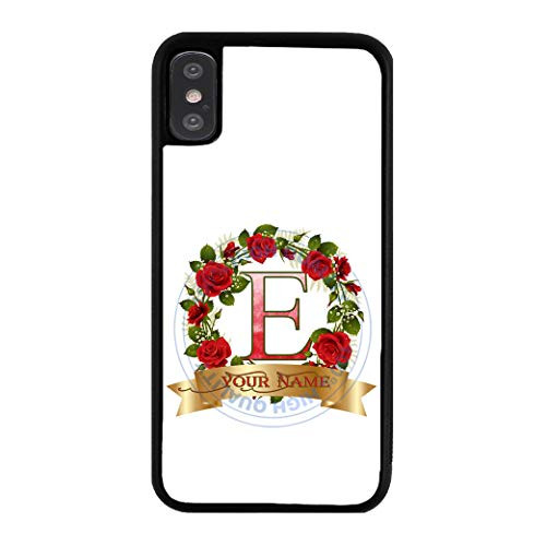 BRGiftShop Personalized Custom Name Beautiful Rose Wreath with Gold Banner Monogram Letter E Rubber Phone Case for iPhone XR