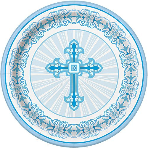 Radiant Cross Blue Religious Dessert Plates, 8ct