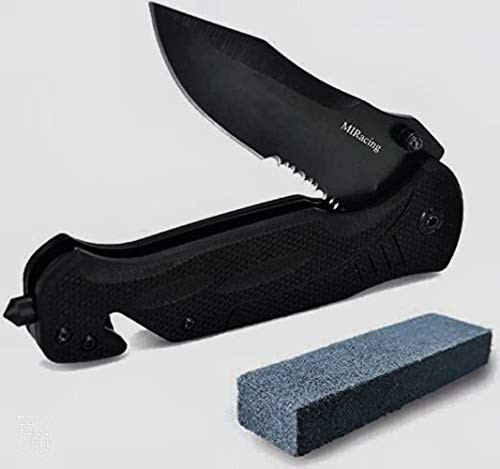 Folding Pocket Knife with Sharpener for Outdoor Emergency Rescue Escape Tactical Survival Spring Assisted Knife with Seatbelt Cutter  and  Window Glass Breaker