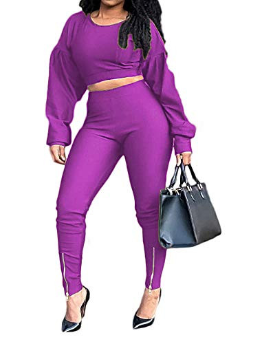 Sweat Suits for Women Set Two Piece Outfits - Long Puff Sleeve Pullover Crop Tops Sweatshirt Plus Skinny Leggings Zipper Bodycon Long Pants 2 Piece Jogging Suits Tracksuit Purple, Large