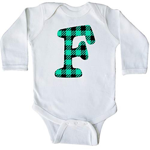 inktastic Teal Plaid Initial F Long Sleeve Creeper 6 Months White 3cbfb
