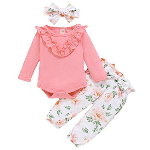 Newborn Baby Girls Outfit Plain Ruffled RomperPlusFloral Bowknot PantsPlusHeadband Set