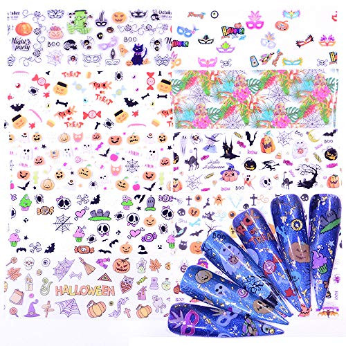 Halloween Nail Foil Transfers Stickers Day of The Dead Nail Foils Pumpkin Spider Skull Ghost Witch Nail Decals for Halloween Party Supplies Manicure Tips Wraps Nail Art Decoration Designs-10 Rolls