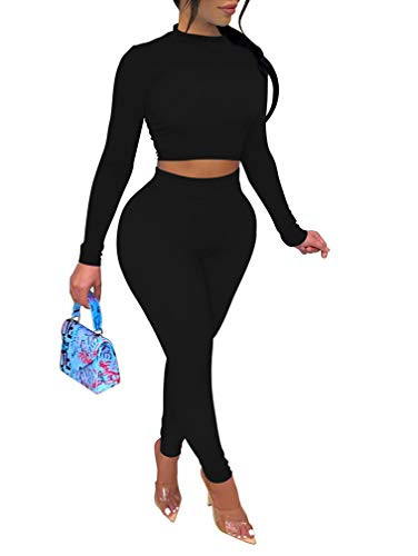 LAGSHIAN Women's Sexy 2 Piece Outfits Jumpsuit Long Sleeve Crop Top High Waist Pant Set Black
