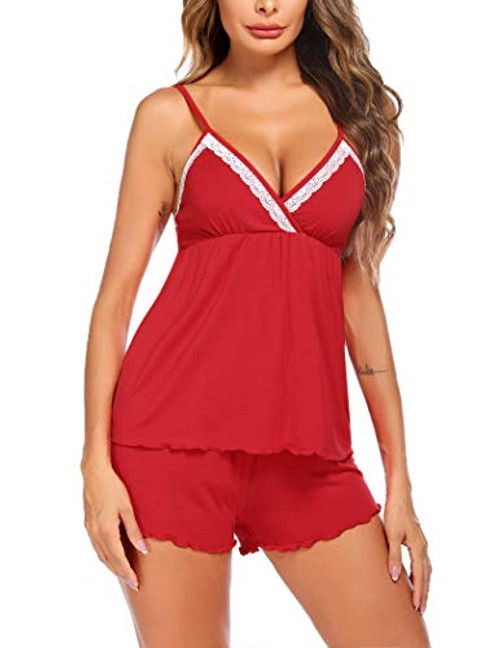 Ekouaer Women's Sleepwear Sexy Pjs for Women Set Lace Cami Lingerie Satin Pajama Set Red Ekouaer Women's Sleepwear Sexy Pjs for Women Set Lace Cami Lingerie Satin Pajama Set Red