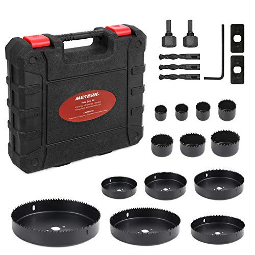 Hole Saw Kit, Meterk 21 Pcs Hole Saw Set 3/4"-6"(19-152mm) with 13Pcs Saw Blades, 2 Mandrels, 1 Hex Key, 3 Drill bits, 2 Installation Plate, Ideal for PVC/Cork Board/Drywall/Plastic Plate Drilling