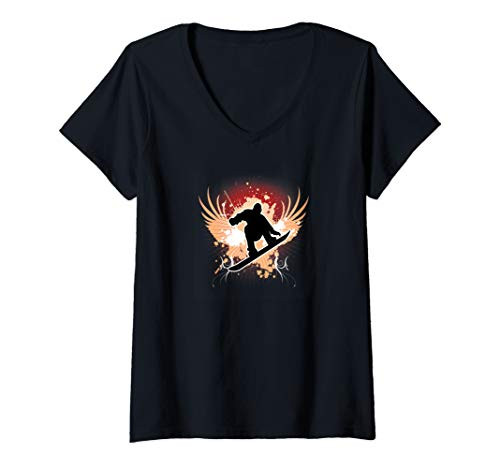 Womens Angel Wings Snowboarding Slopes Skiing Snowboarder Gift V-Neck T-Shirt