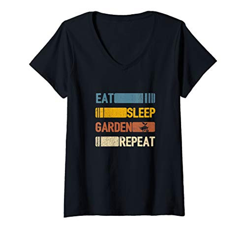 Womens Eat Sleep Garden Repeat Funny Vintage Retro Gift V-Neck T-Shirt