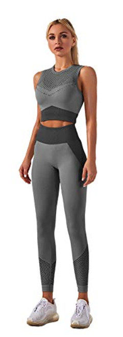 Women's 2 Piece Tracksuit Workout Outfits - Seamless High Waist Legging and Sleeveless Crop Top Yoga Activewear Set (A. Darkgrey, L)