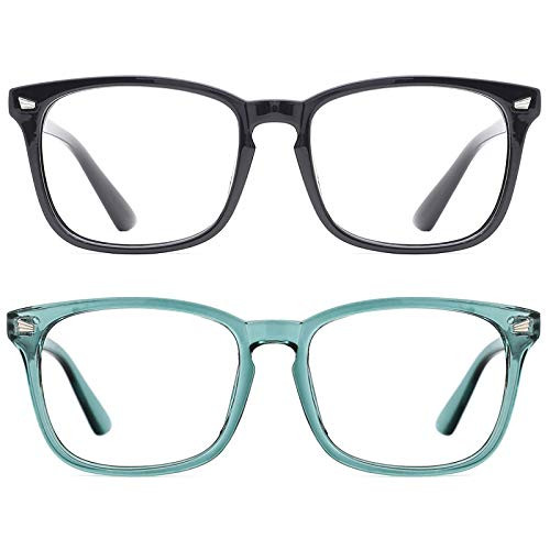 TIJN 2 Pack Blue Light Blocking Glasses for Women Men Nerd Computer Glasses UV Protection Anti Eyestrain (Clear GreenPlusBlack)