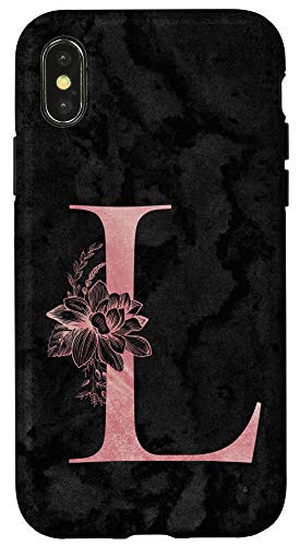 iPhone X/XS Letter L Monogram Initial Pink Rose on Black Grunge Design Case