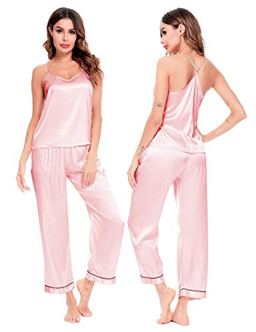 SWOMOG Women's Satin Pajamas Set Silk Sleepwear Cami Nightwear Sexy Lingerie PJ Set Pink SWOMOG Women's Satin Pajamas Set Silk Sleepwear Cami Nightwear Sexy Lingerie PJ Set Pink