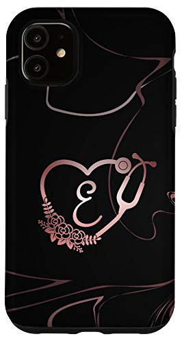 iPhone 11 Letter E Initial Monogram Nurse Doctor Rose Pink Stethoscope Case