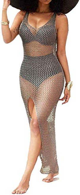 SeNight Women's Sexy Sleeveless Swimsuit Cover Ups Sheer Crochet Beach Bikini See Through Long Maxi Swimwear Maxi Dresses Gold