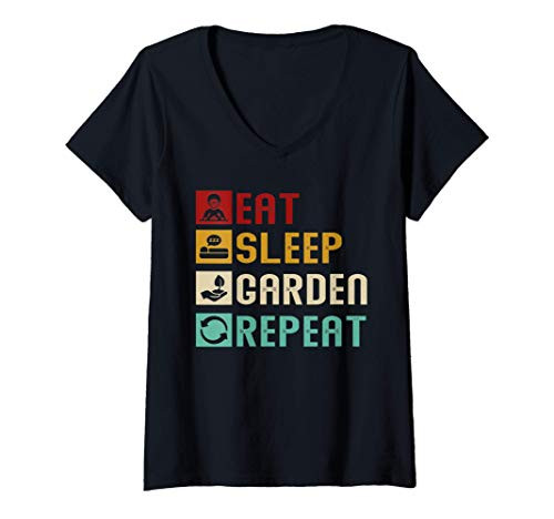 Womens Eat Sleep Garden Repeat Gardening Gardeners Vintage Gift V-Neck T-Shirt