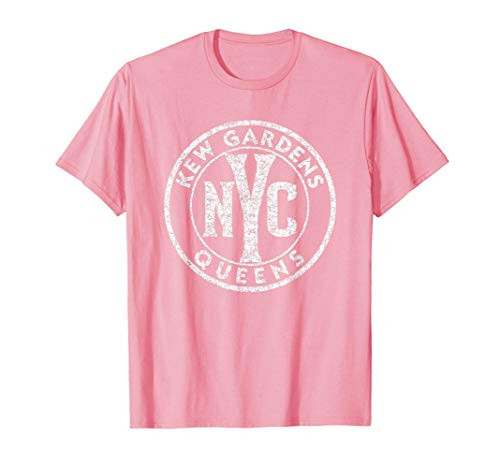 Kew Gardens Queens NYC Sign Pink with Distressed White Print T-Shirt