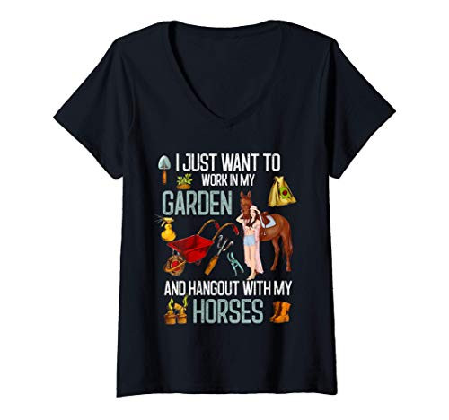 Womens I Just Want To Work In My Garden And Hangout With My Horses V-Neck T-Shirt