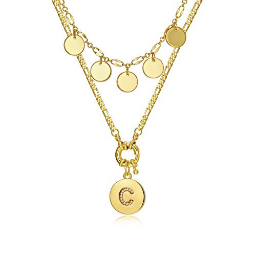 Dainty Layering Initial Necklaces for Women, 14K Gold Plated Figaro Chain Necklace Simple Cute Round Disc Letter Pendant Initial C Necklace Choker Necklaces Gold Layered Necklaces for Women