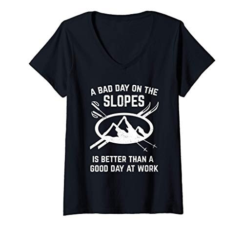 Womens Bad Day on Slopes with Skis Mountain for Skiers Funny Skiing V-Neck T-Shirt