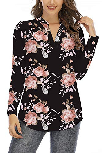 Beauhuty Womens V Neck Flowy Tops Printed Blouses Floral Tunics Long Sleeve Shirts (Long-Flower Black,XXL)