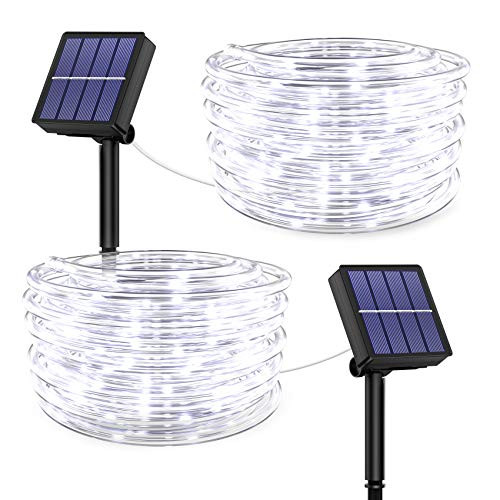 White Rope Lights Outdoor Solar - 40FT 100 LED Tube Light 8 Modes Solar Powered String Rope Lights Waterproof for Garden Patio Fence Balcony Yard Tree Decoration Lighting ( Nature White, 2 Pack )