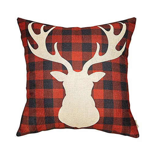 Fahrendom Rustic Christmas Farmhouse Style Black and Red Buffalo Checker Plaid Deer Head Winter Holiday Sign Gift Cotton Linen Home Decorative Throw Pillow Case Cushion Cover for Sofa Couch 18 x 18 In