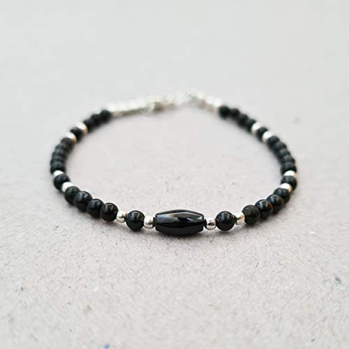 Black Spinel Bracelet for her Round Silver Beads Gemstone Crystal Jewelry August Birthstone Gift ideas