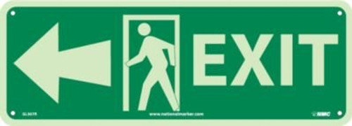 NMC GL307R EXIT Sign  14 in. x 5 in. 6 Hour Glow Rigid Plastic Safety Sign with Yellow on Glow Green, Person Walking Through Doorway, Left Arrow Graphic
