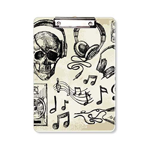 Skull Headset Music Instrument Pattern Clipboard Folder Writing Pad Backing Plate A4