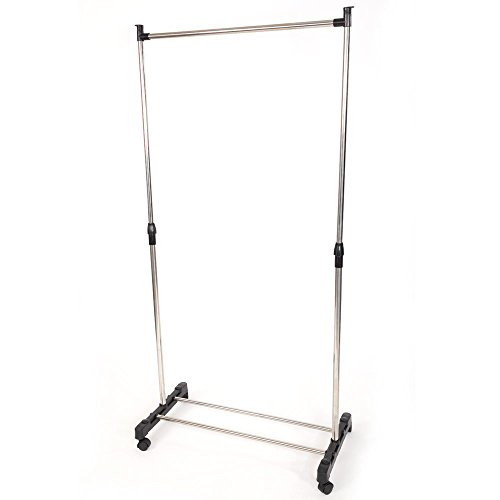 Festnight Single Bar Rolling Clothes Garment Rack with Shoe Shelf Stainless Steel Horizontal Stretching Free Standing Hanging Clothing Shoe Rack Organizer for Entryway Bedroom Home Silver