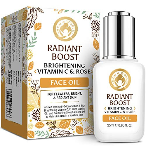 Mom  and  World Radiant Boost Brightening Vitamin C  and  Rose Face Oil, 25ml - With Vitamin C, B3, Hyaluronic Acid, Argan Oil For Flawless, Bright  and  Radiant Skin
