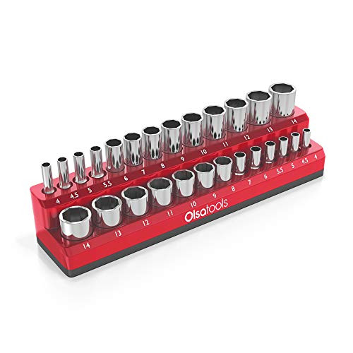 Olsa Tools Magnetic Socket Holder - 1/4-inch Drive - Metric - Red - Holds 26 Sockets - Premium Quality Tools Organizer