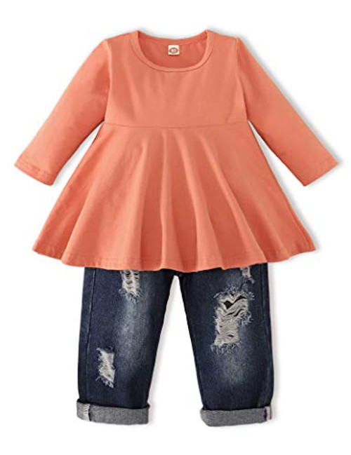 Esobrerie Toddler Baby Girl Outfits Long Sleeve Linen Shirt Cute Ripped Jeans Kids Denim Pants Set Winter Clothes 3-4T Orange