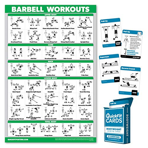 QuickFit 2 Pack - Barbell Workout Poster - Laminated 18" x 27"  and  Bodyweight Exercise Card Set - 2.5" x 3.5"