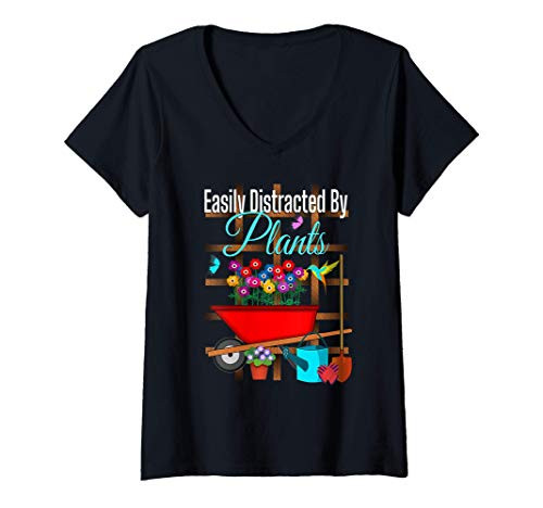 Womens Easily Distracted By Plants Gardening Garden Lover Flowers V-Neck T-Shirt