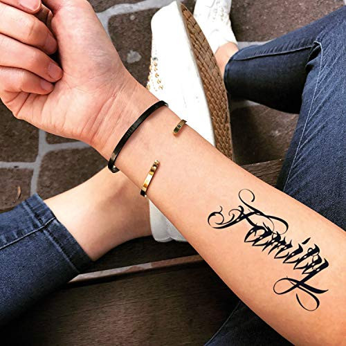 Family in Chicano Lettering Temporary Fake Tattoo Sticker (Set of 2) - www.ohmytat.com
