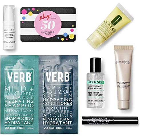 Play By Sephora 2019 NEW 6 Piece Travel Set (Night Serum, Primer, Mascara, Cleansing Water, Shampoo/Conditioner)