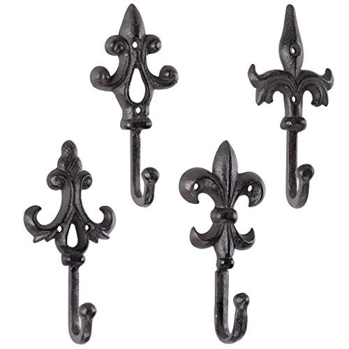 Sanbege Fleur De Lis Hooks, Cast Iron Key Holder Hooks, Decorative Wall Hanging Hooks for Coat, Towel, Keys, Set of 4