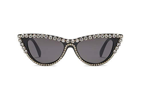 Vintage Retro Women Cateye Sunglasses Crystal Trim Jeweled Frame Costume Glasses (Black, 65)