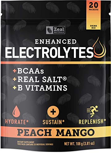 Enhanced Electrolyte Powder (Peach Mango 20pk.) Sugar Free Plus BCAA, B-Vitamins  and  Real Salt® - Keto Electrolytes Drinks, Hydration Powder w Potassium, Sodium, Zinc, Magnesium for Hydration  and  Recovery
