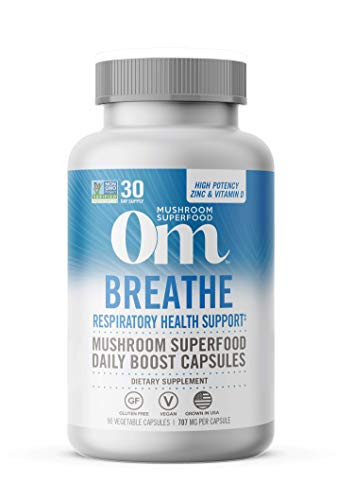 Om Breathe Mushroom Capsules, Cordyceps, Reishi, Chaga, Turkey Tail Mushroom Blend, Vitamin D  and  Zinc, Immune  and  Respiratory Health Mushroom Supplement, 90 Count (30 Day Supply)